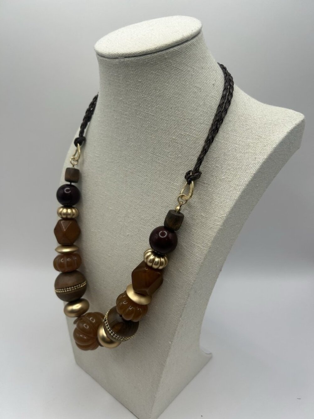 Vintage Boho Statement Necklace Wood Bead Gold Tone Brown Chunky Bib Braid Earth - Picture 6 of 13